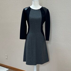 Kenneth Cole New York Faux Leather Piped Gray Black Long Sleeve Dress Size 6